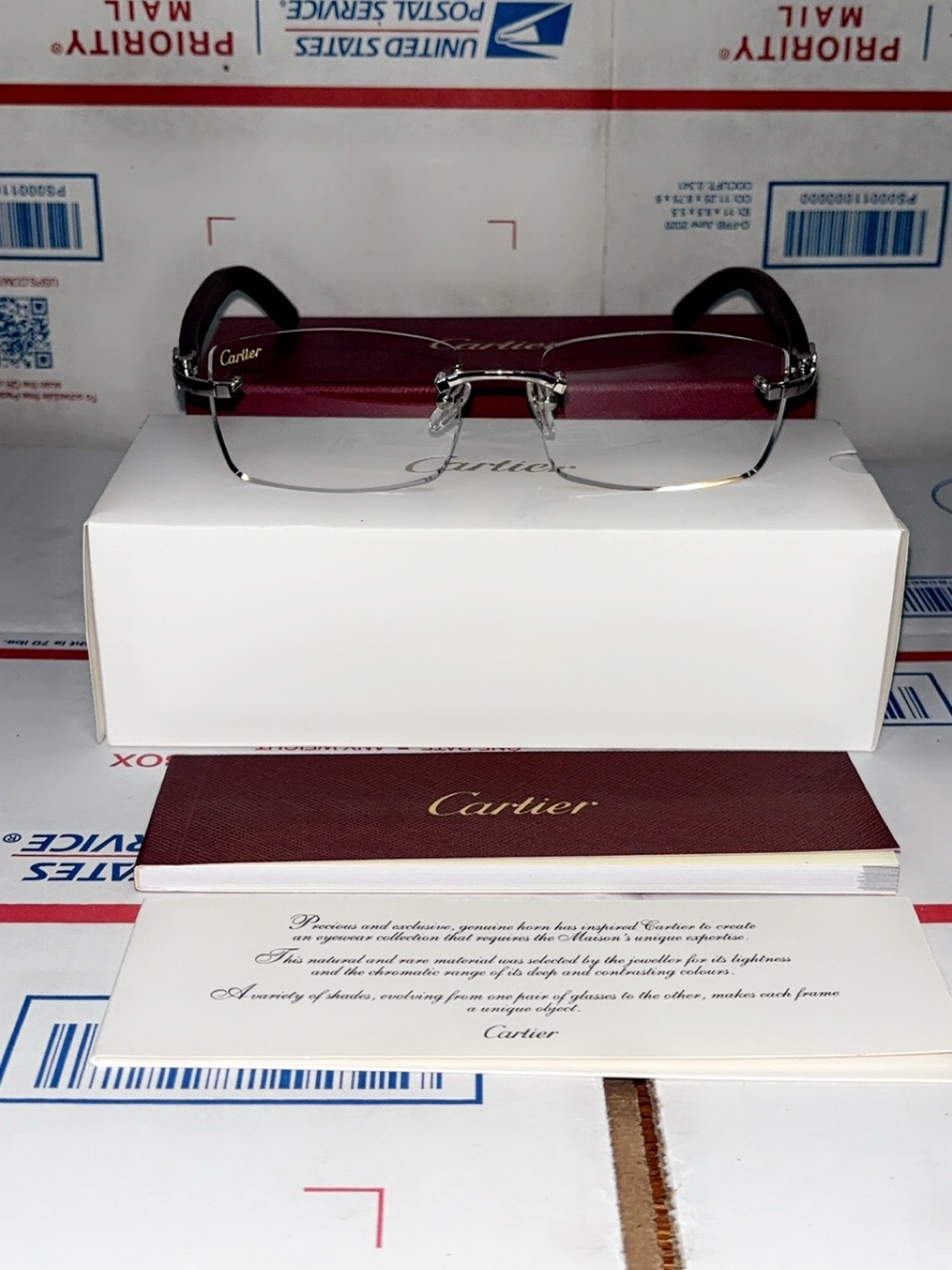 Cartier Rimless Men's Glasses with Silver Frames and Burgundy Case